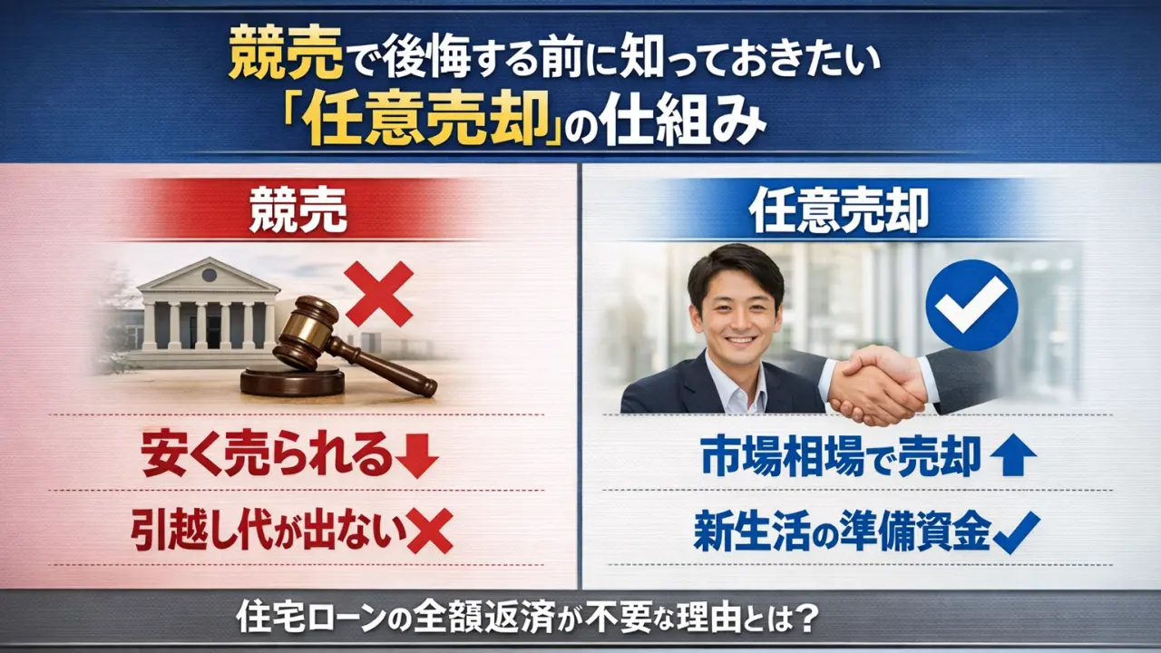 任意売却と競売の違いを比較した図。大阪での住宅ローン滞納相談