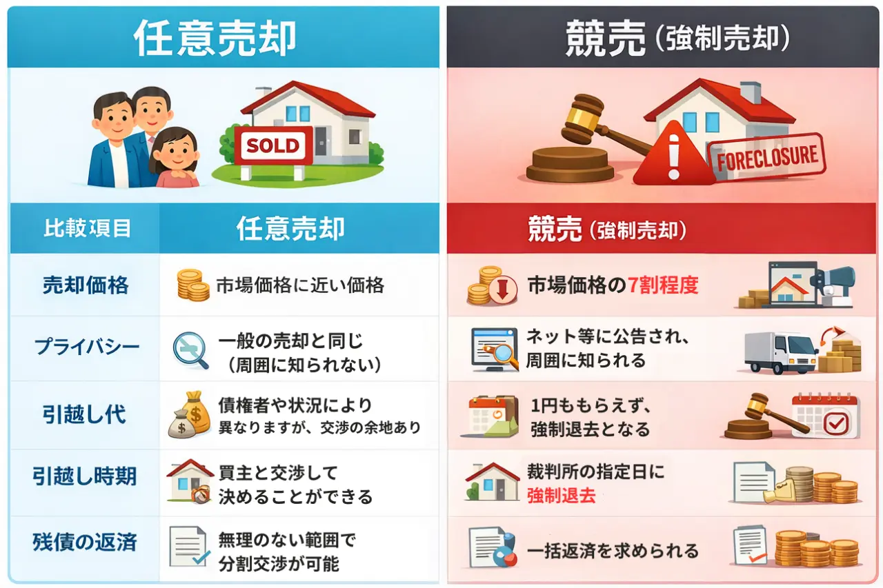任意売却と競売のメリット・デメリット比較表図解。売却価格や引越し時期の違いを解説